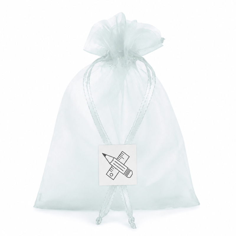 Bolsa de organza con adhesivo personalizado para kits de bienvenida